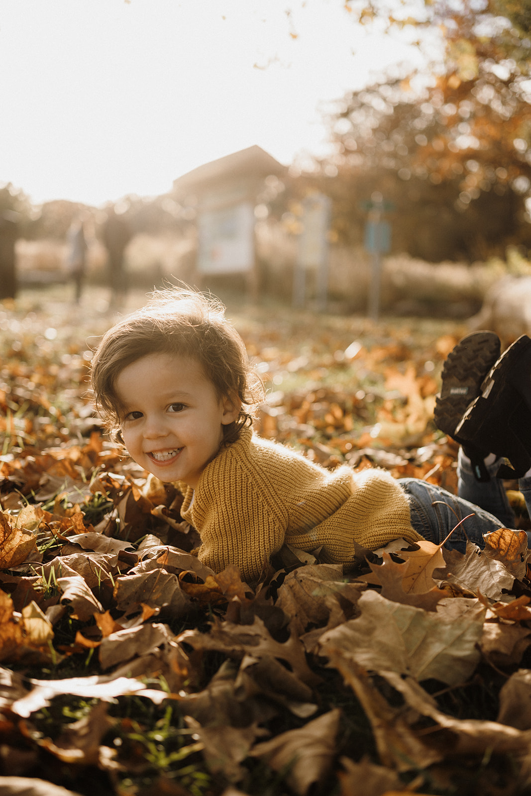 A little boy lying in leaves.