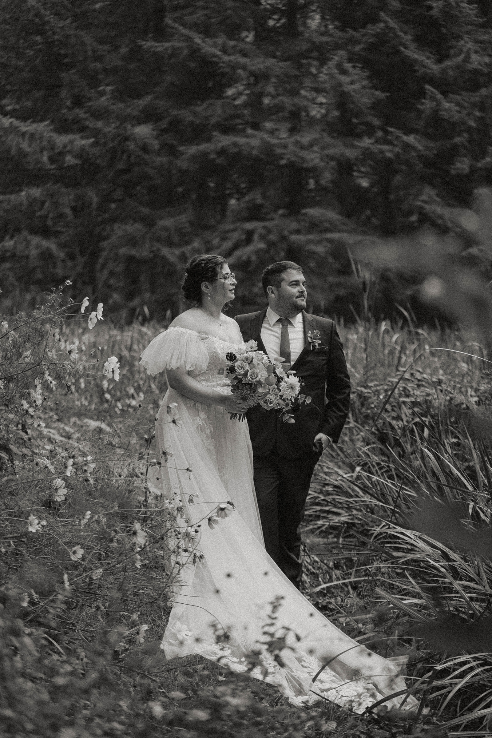 Black and white bride and groom portrait at Bridal Veil Lakes in Oregon