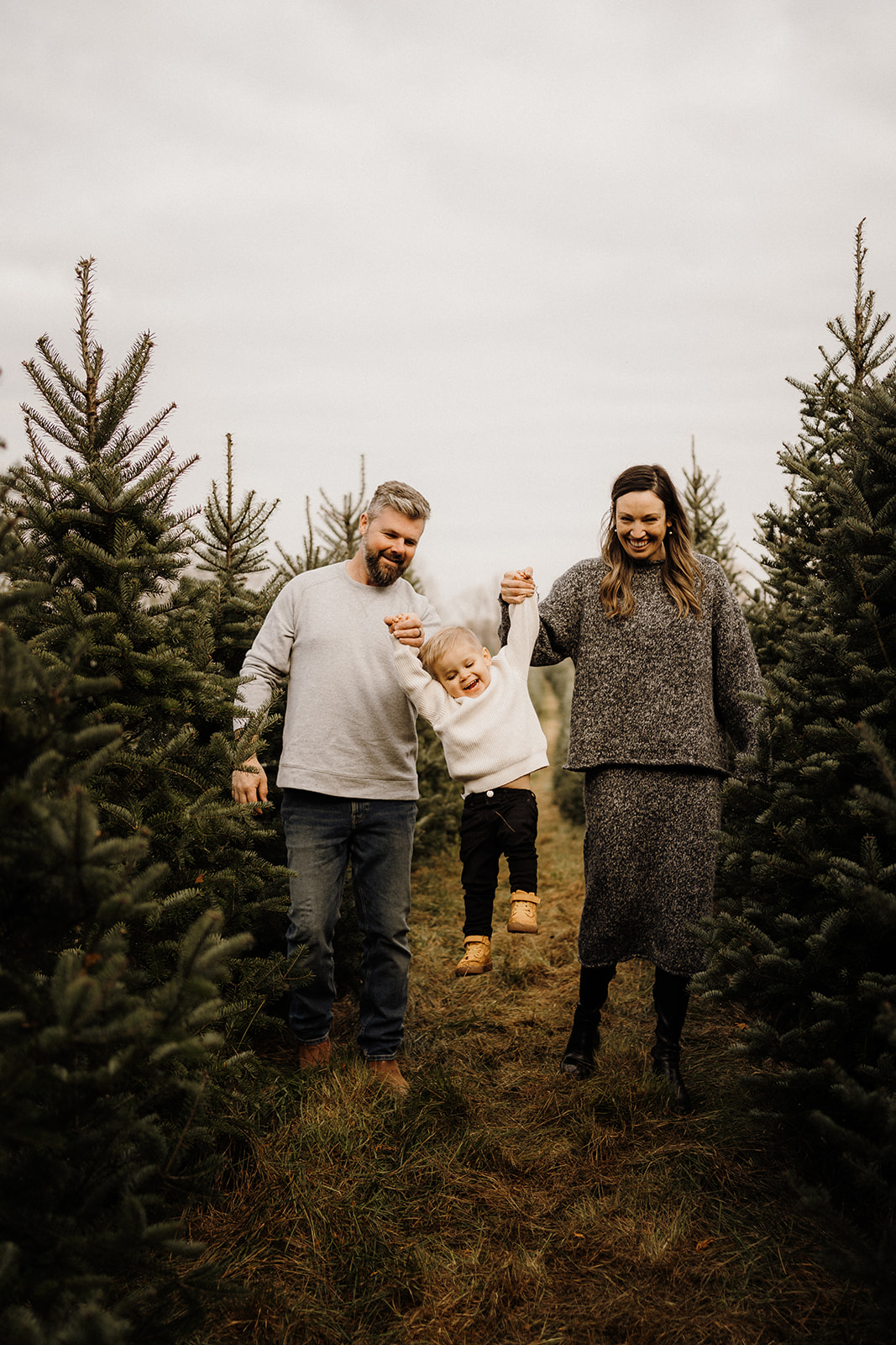 Parents holding their child up with their arms between Christmas Trees.