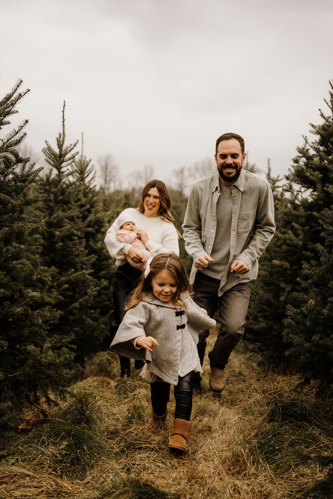 A family of four running between Christmas Trees.