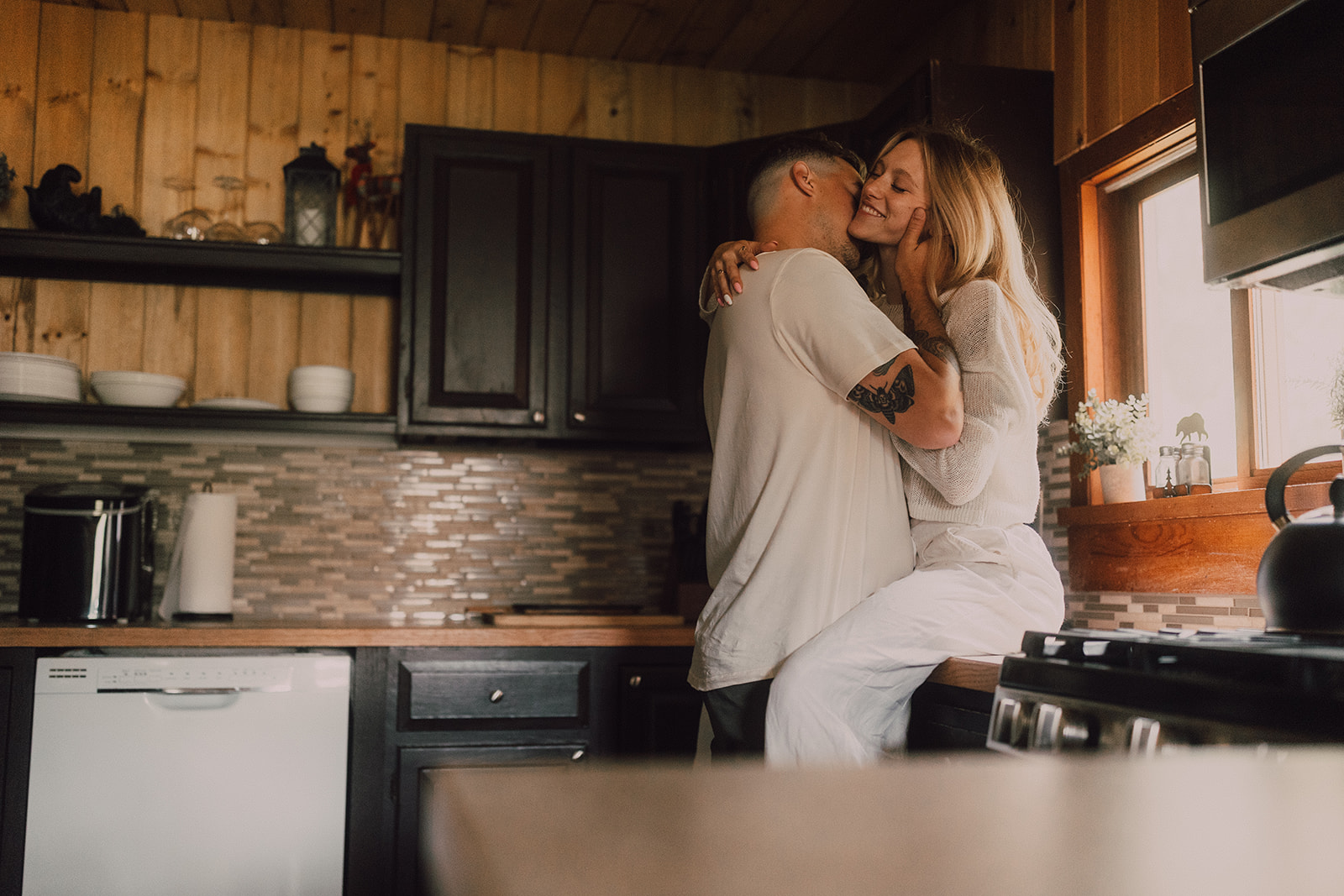 timeless engagement in home log cabin photoshoot Alaska 