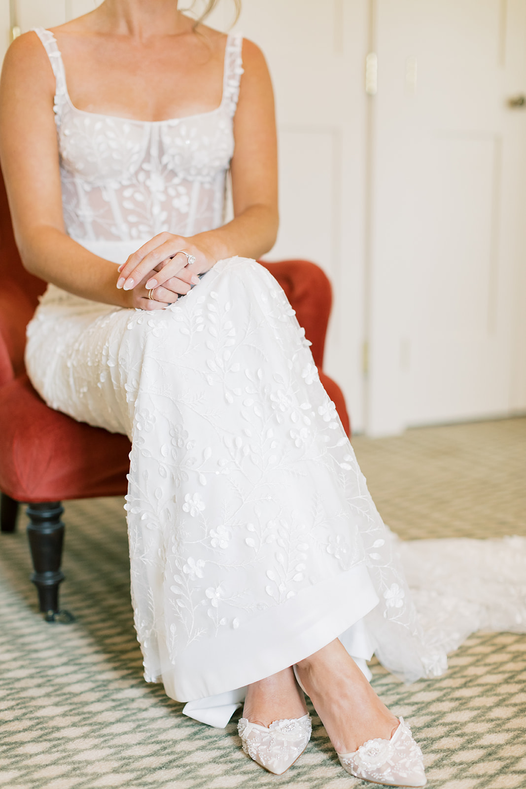 bride sitting with bella belle shoes on at smith farm gardens