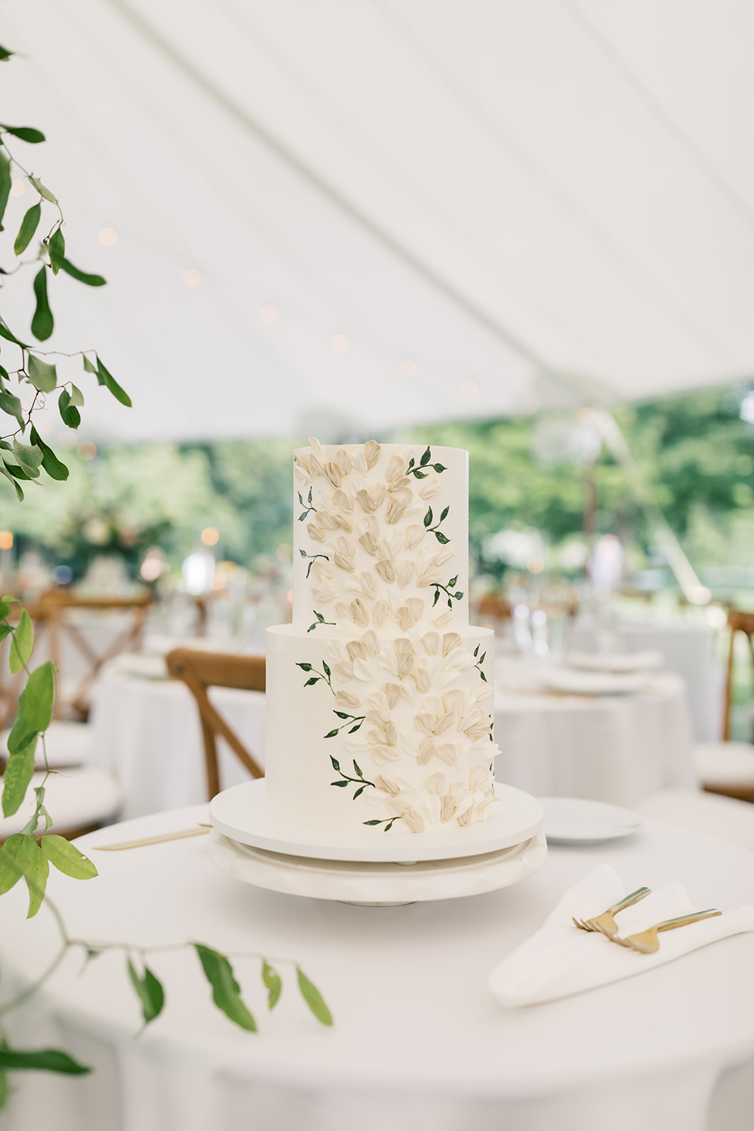 reception tent details with table setup at smith farm gardens cake shot by Marble Made Cakes