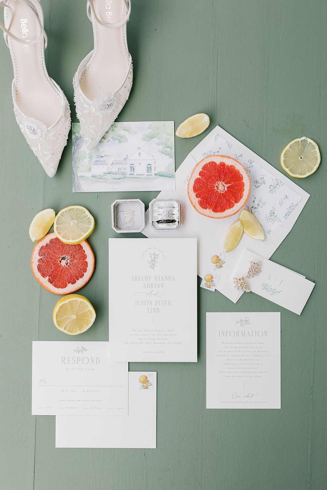 flat lay details photo with citrus elements and green background