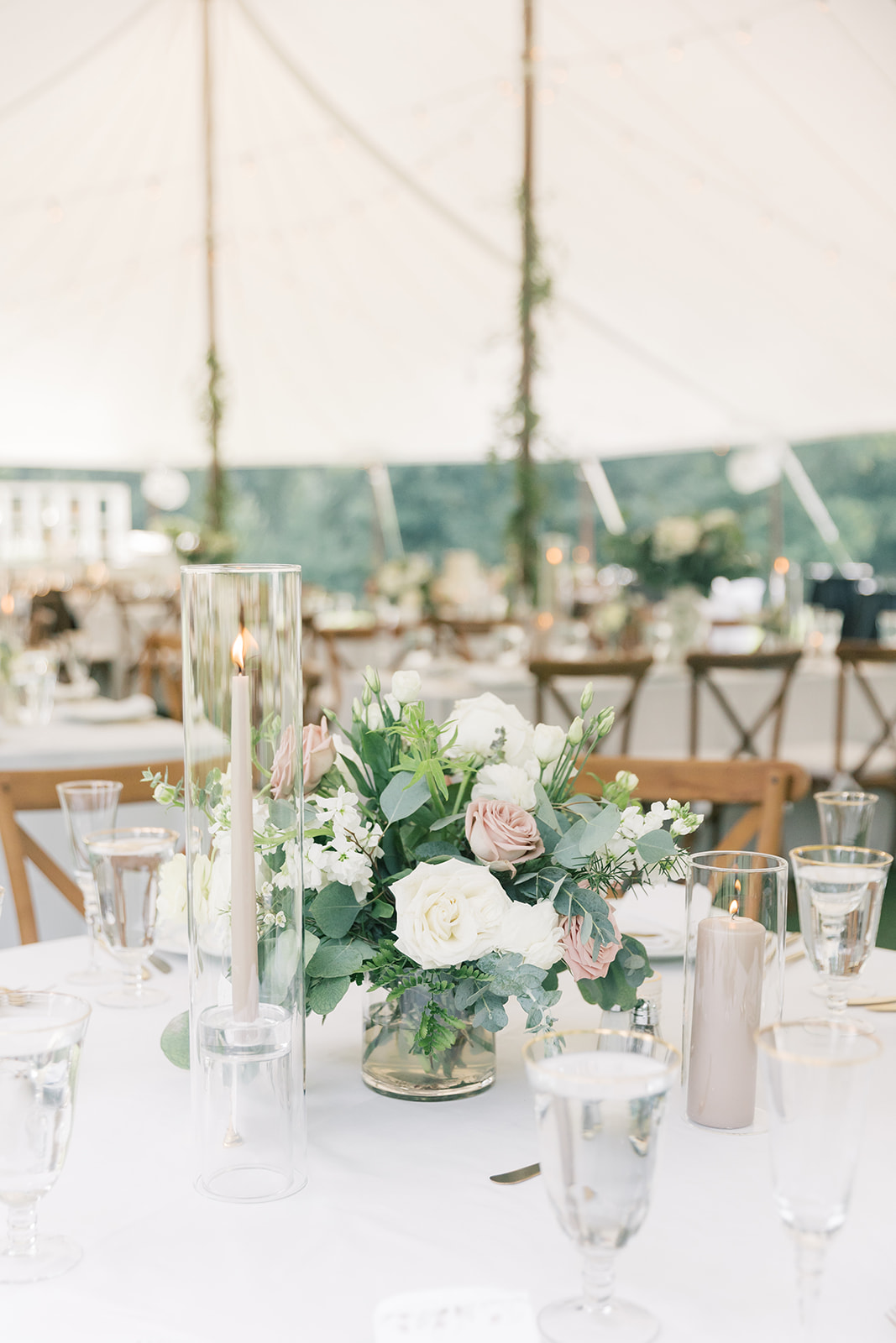 reception tent details with table setup at smith farm gardens
