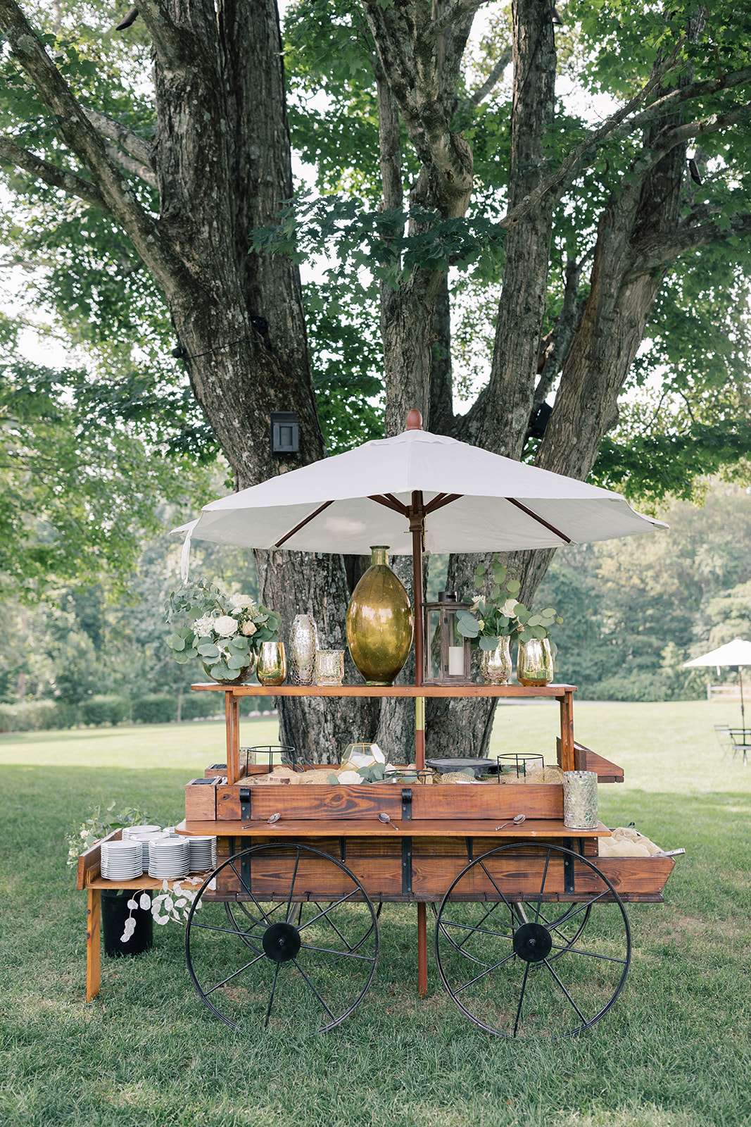 charcuterie cart covered with umbrella for cocktail hour at smith farm gardens