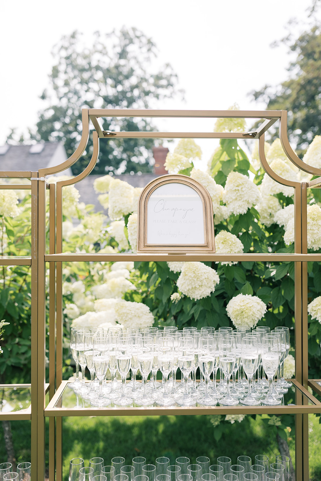 champagne display with glass shelving and gold accents at smith farm gardens