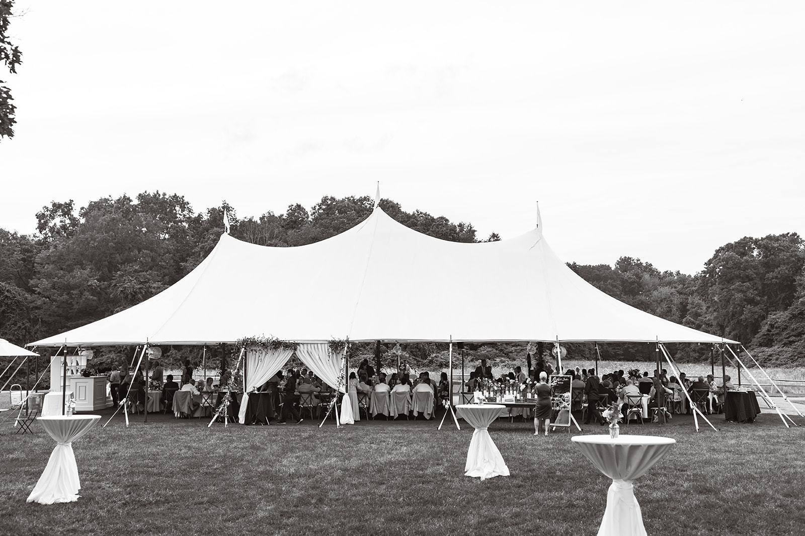 black and white wedding reception tent