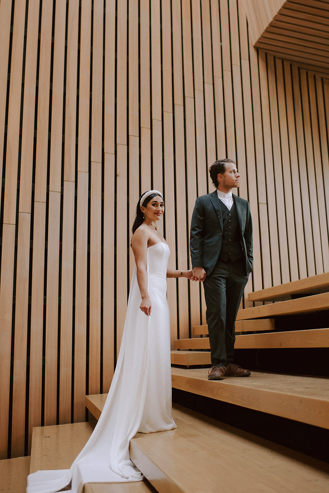 Vancouver, BC Wedding Photographer captures wedding portraits of couple at Audain museum in Whistler