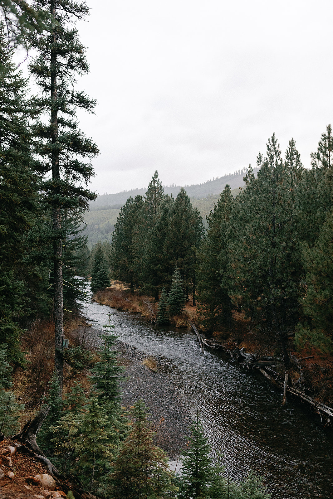 A view of the river above Skyliner Lodge in Bend Oregon with trees surrounding the water