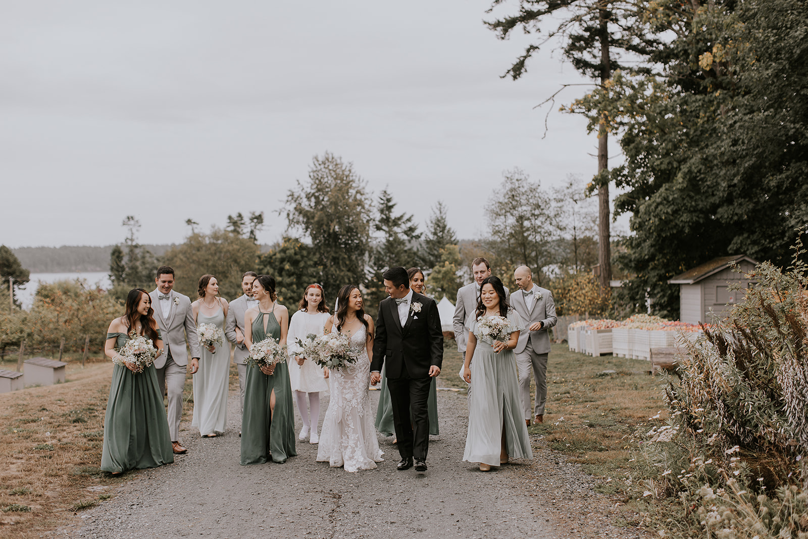 a wedding party walks down a path at Sea Cider Farm in Victoria, BC