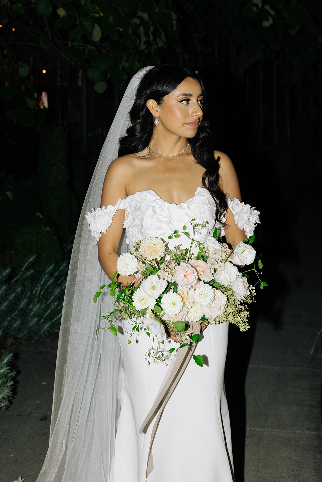 editorial wedding flash photography bridal portrait wedding veil and florals