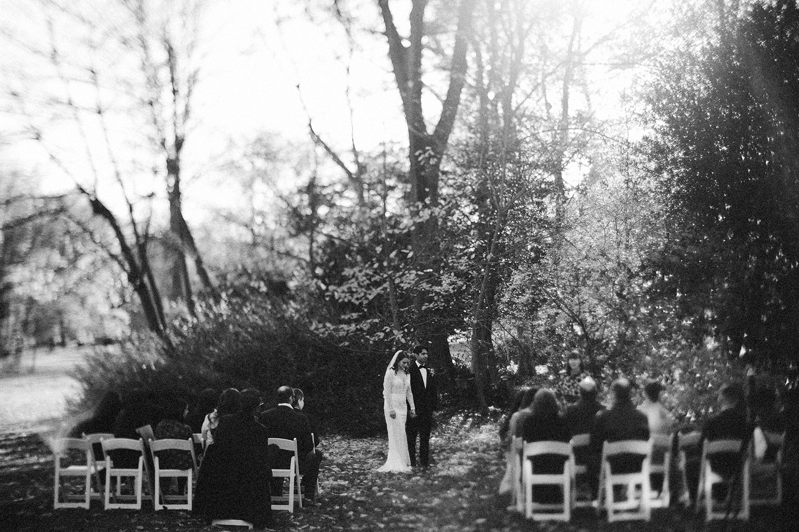 black and white image from afar of intimate elopement ceremony outdoors at awbury arboretum
