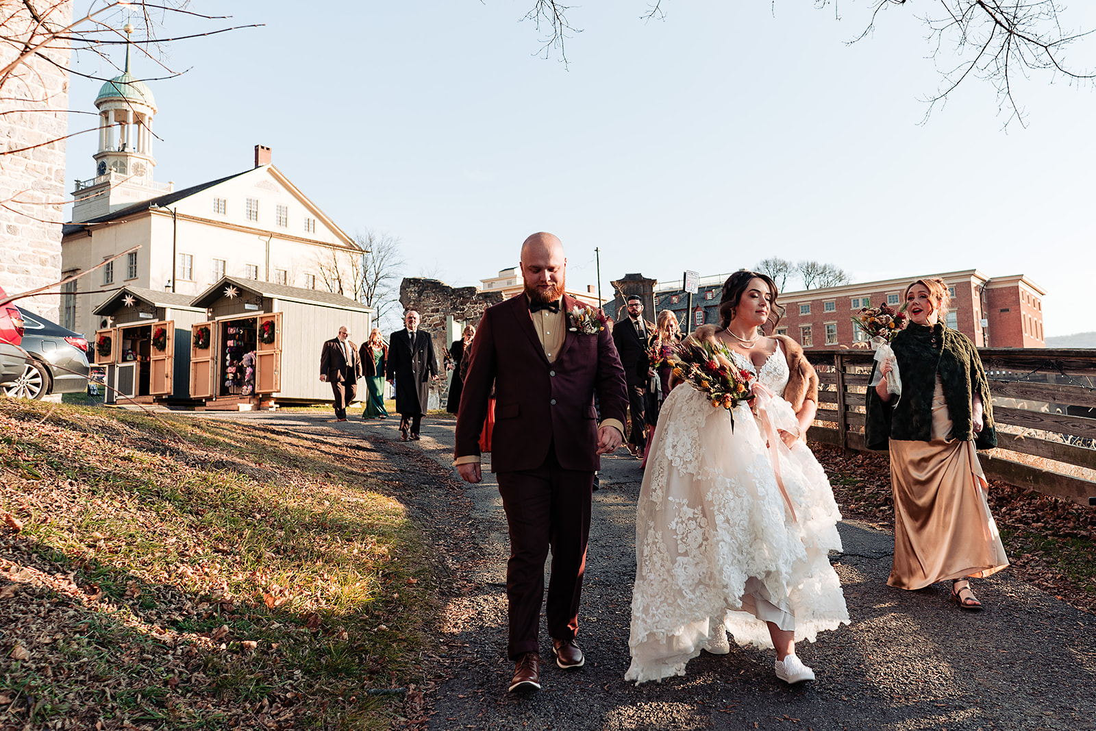 Bridal party walks down to Bethlehem colonial quarters for photos