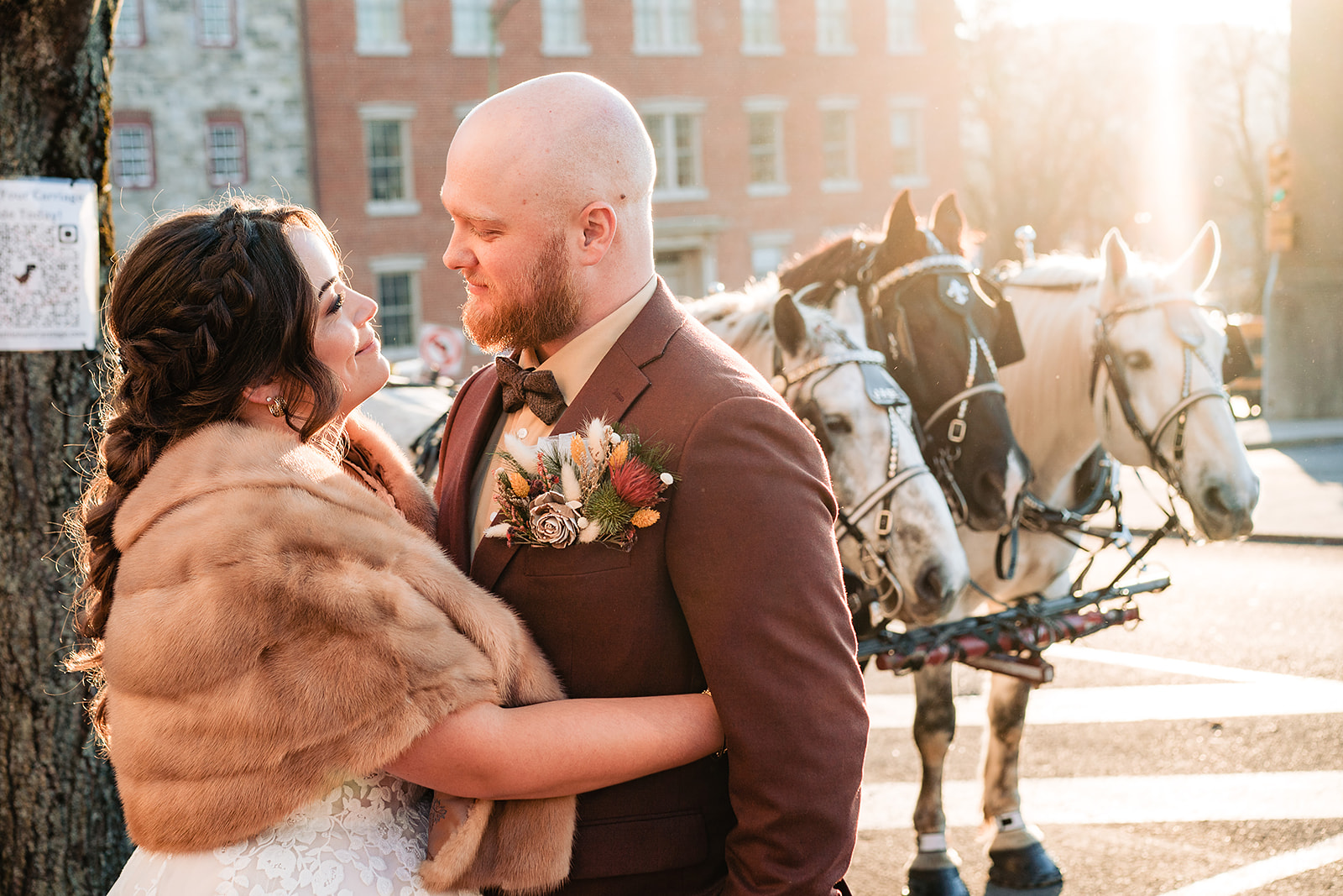wedding portrait with horse drawn carriage in Bethlehem pa