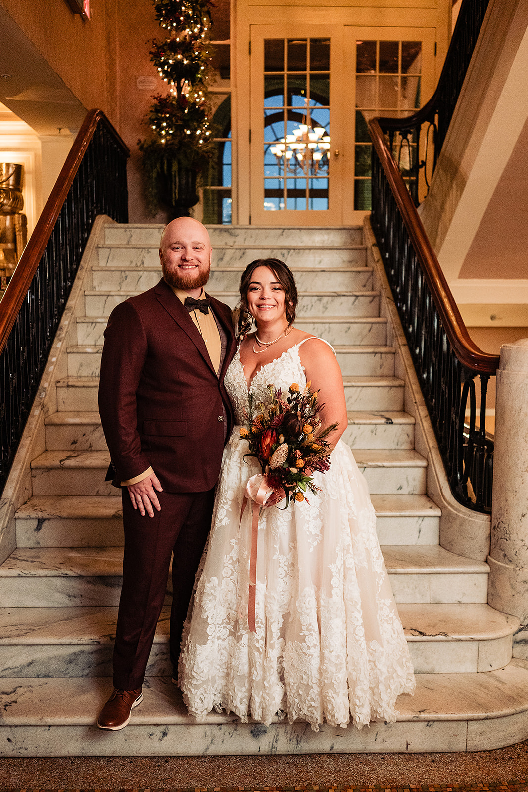 wedding portrait of bride and groom on stairs at Hotel Bethlehem