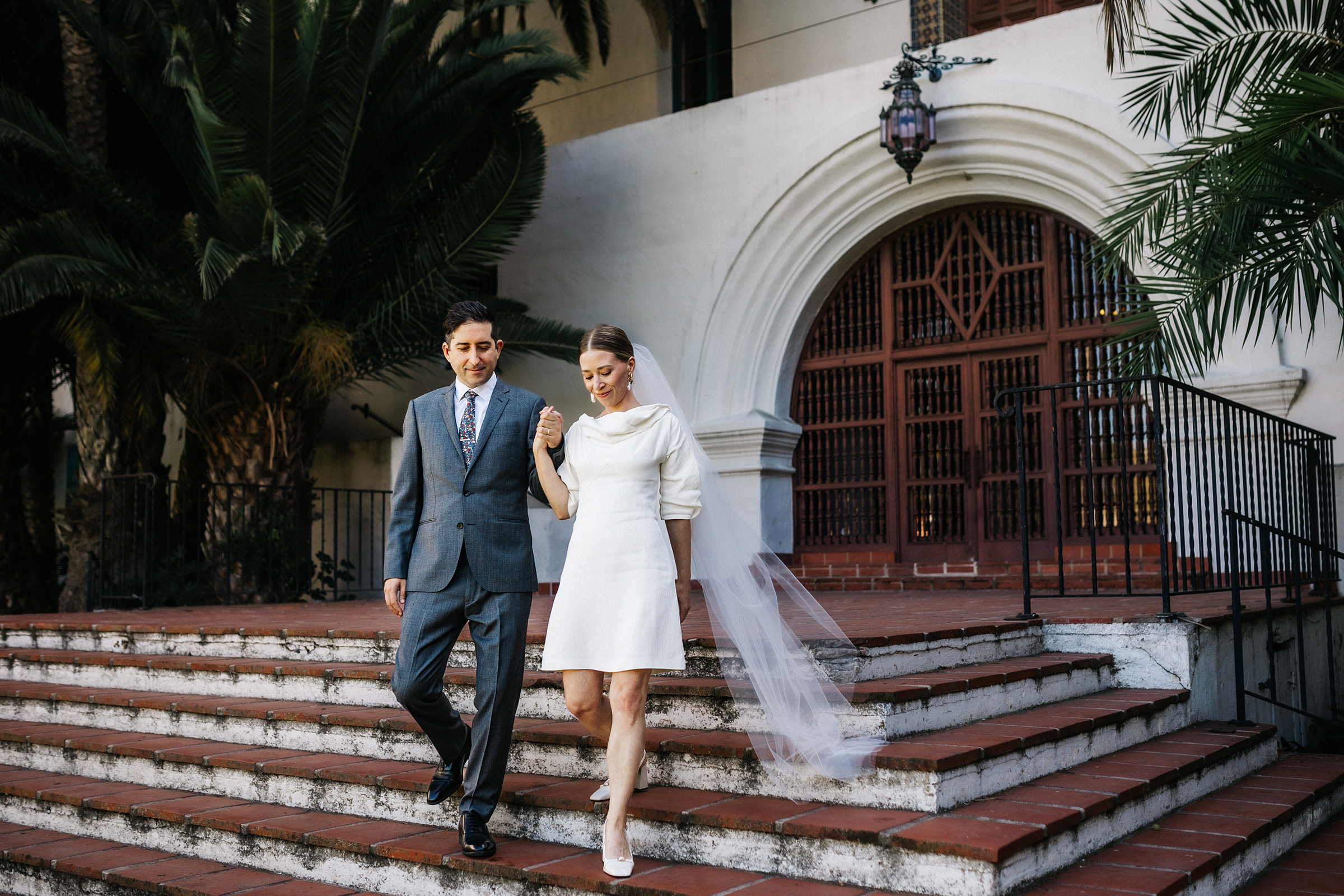 Elopement Couple on Santa Barbara Courthouse staircase