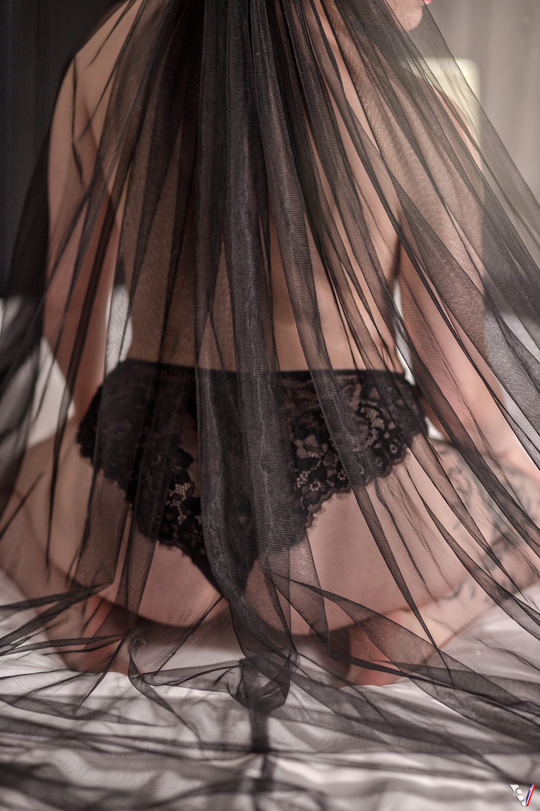 The black veil, lace panty. and top less black pose of the bride. 
