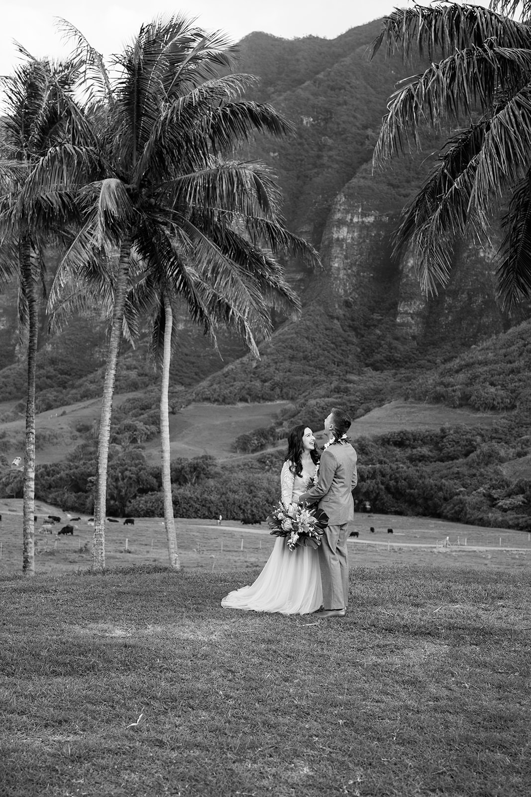 A bride and groom standing in front of palm trees at a Kualoa Ranch Wedding.