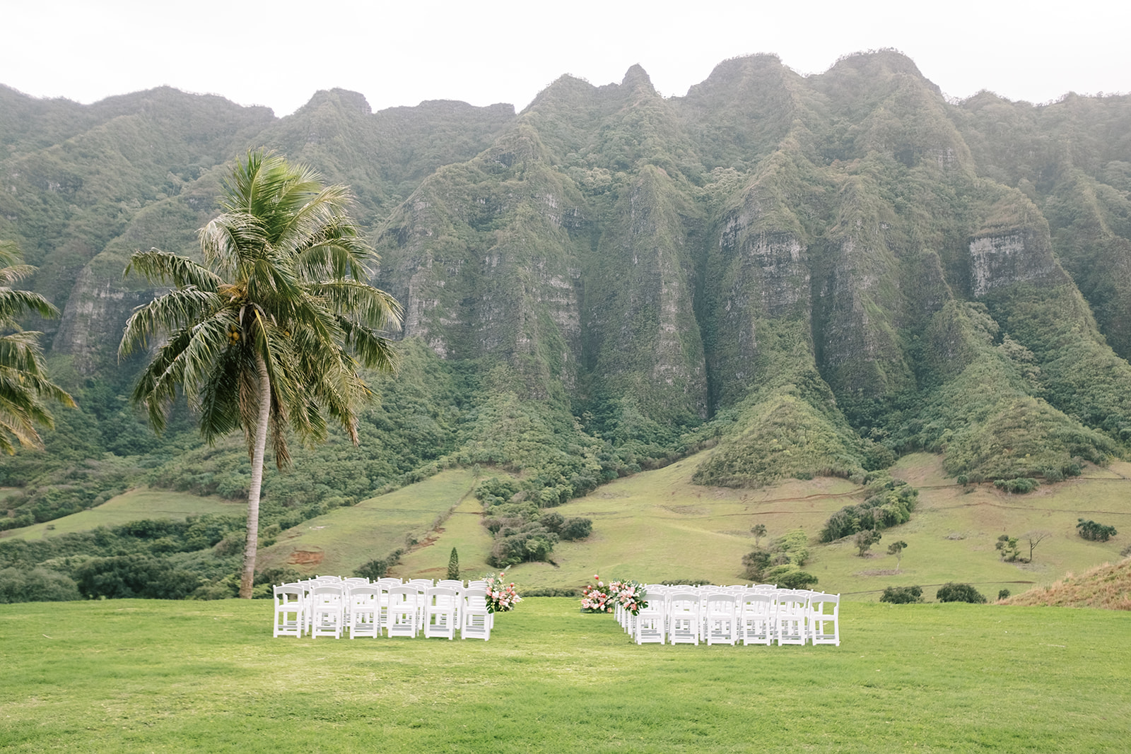 A white wedding ceremony set up in the grass with palm trees in the background.