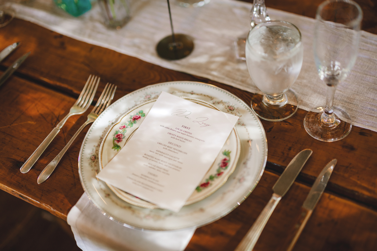 close up image of place setting at a wedding reception at Gloriosa & Co. in Ashfield 
