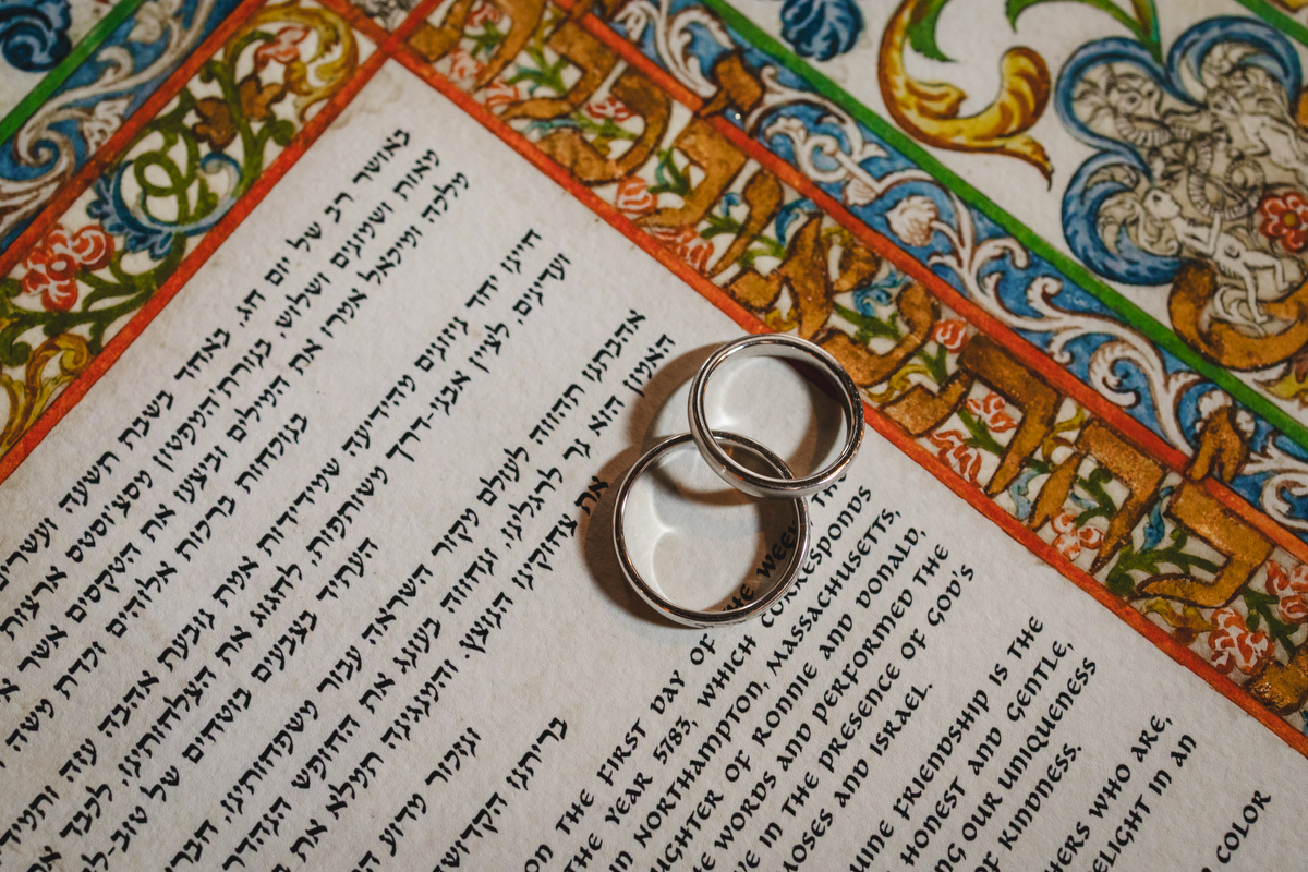 close up of a pair of wedding rings on a jewish marriage ketubah