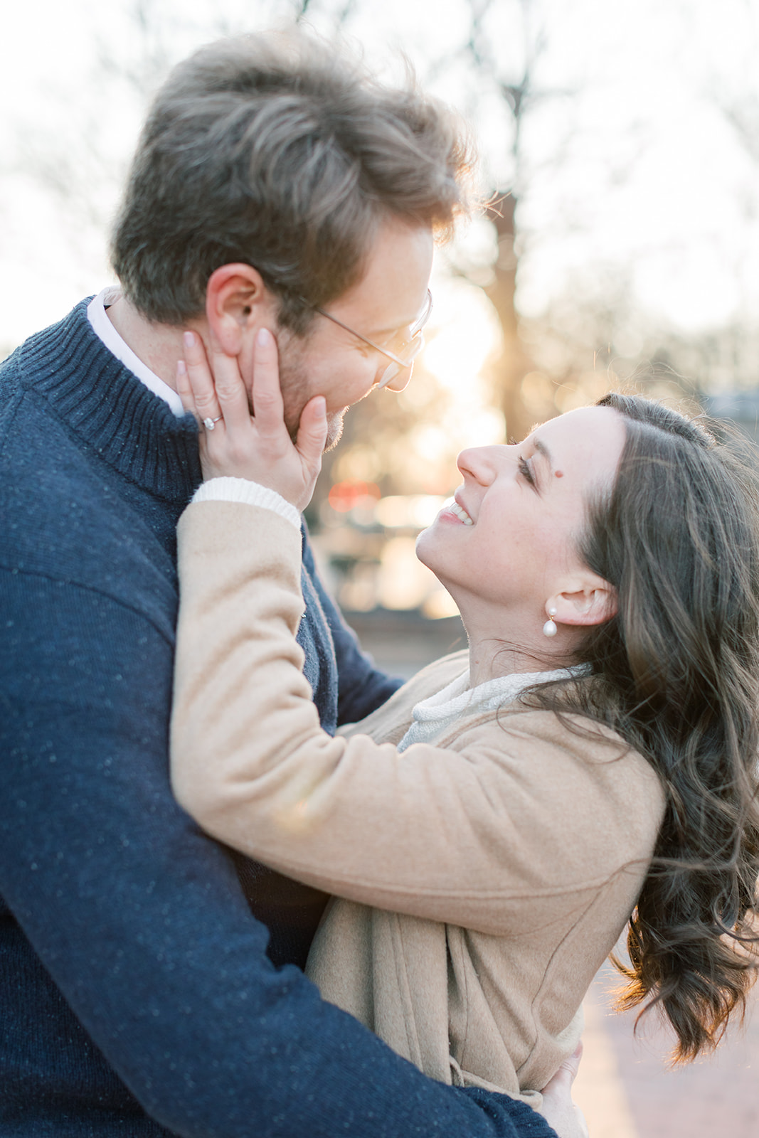 An engaged couple in Washington DC during their winter engagement session