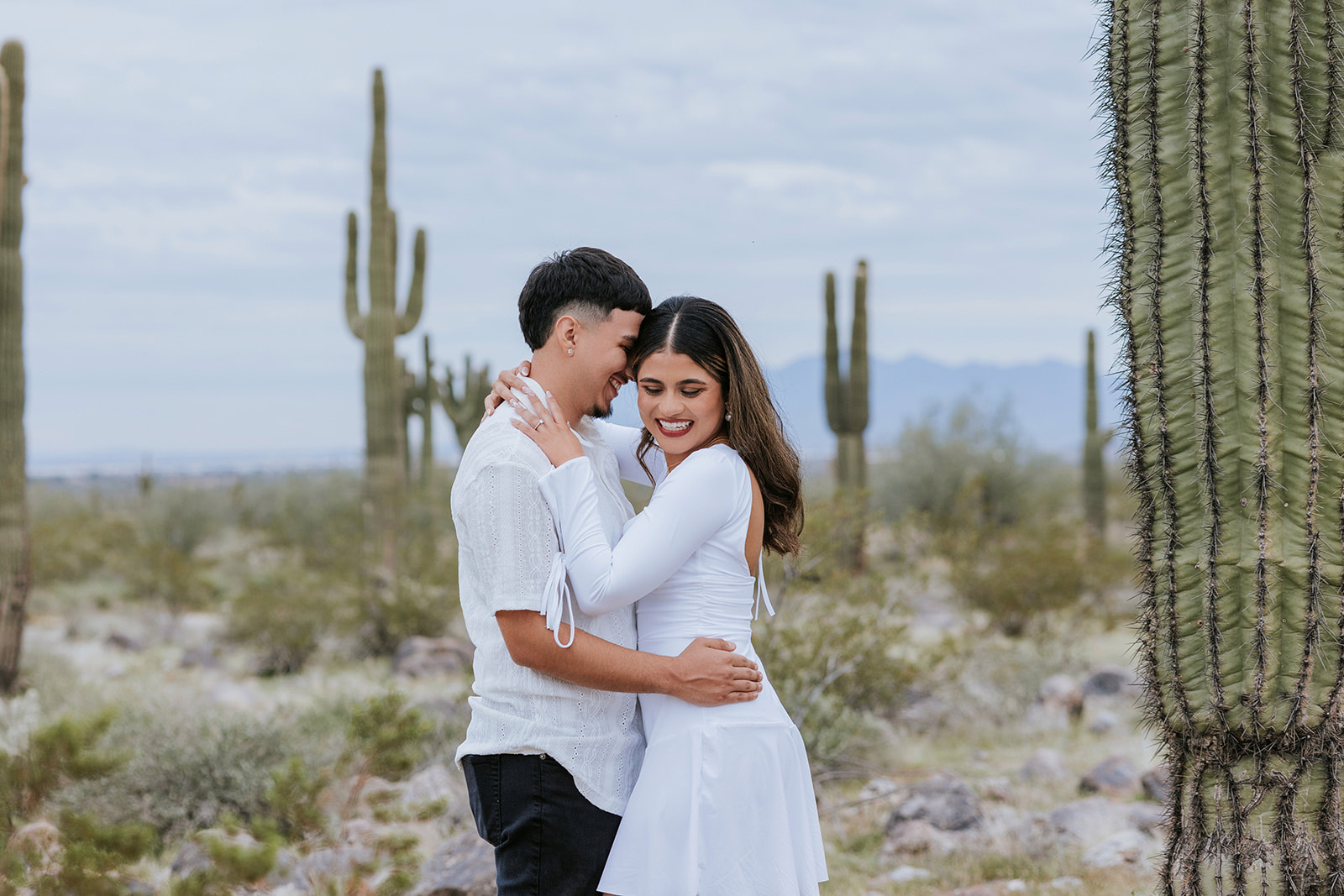 Future bride and groom showing their love while hugging at white tank mountains