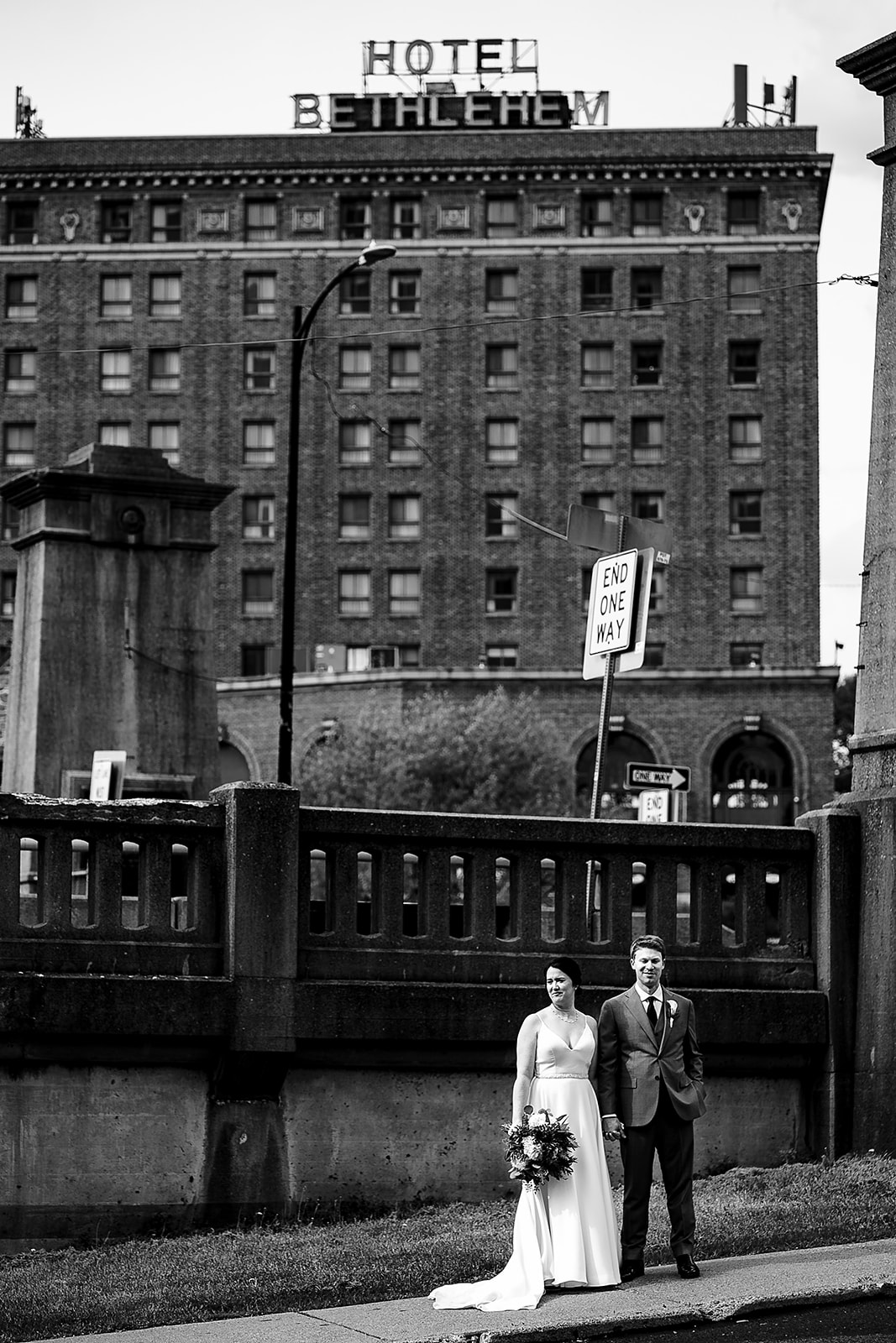 bride and groom photo in front of hotel bethlehem