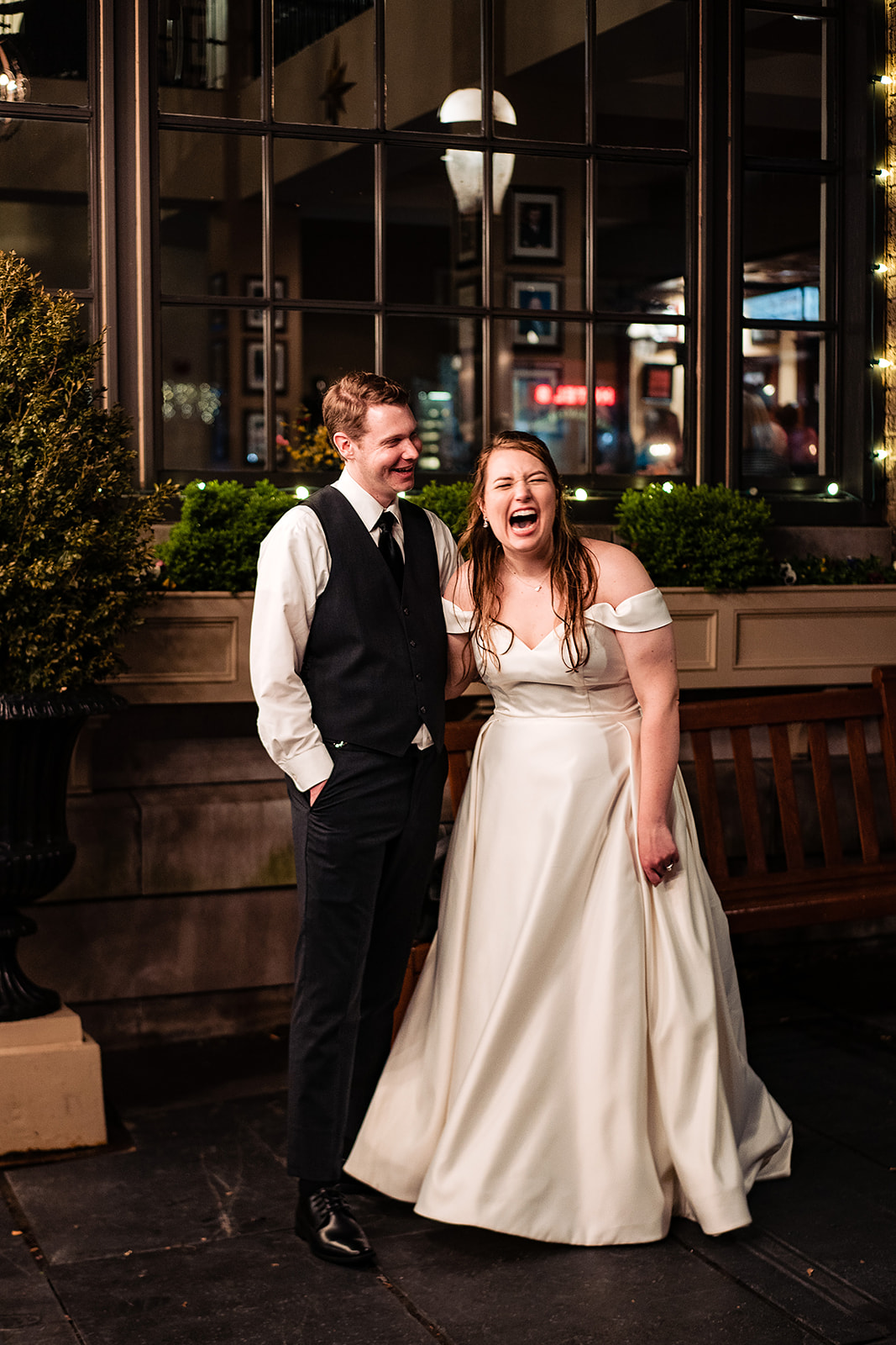 couple laughing on their wedding night in front of hotel bethlehem