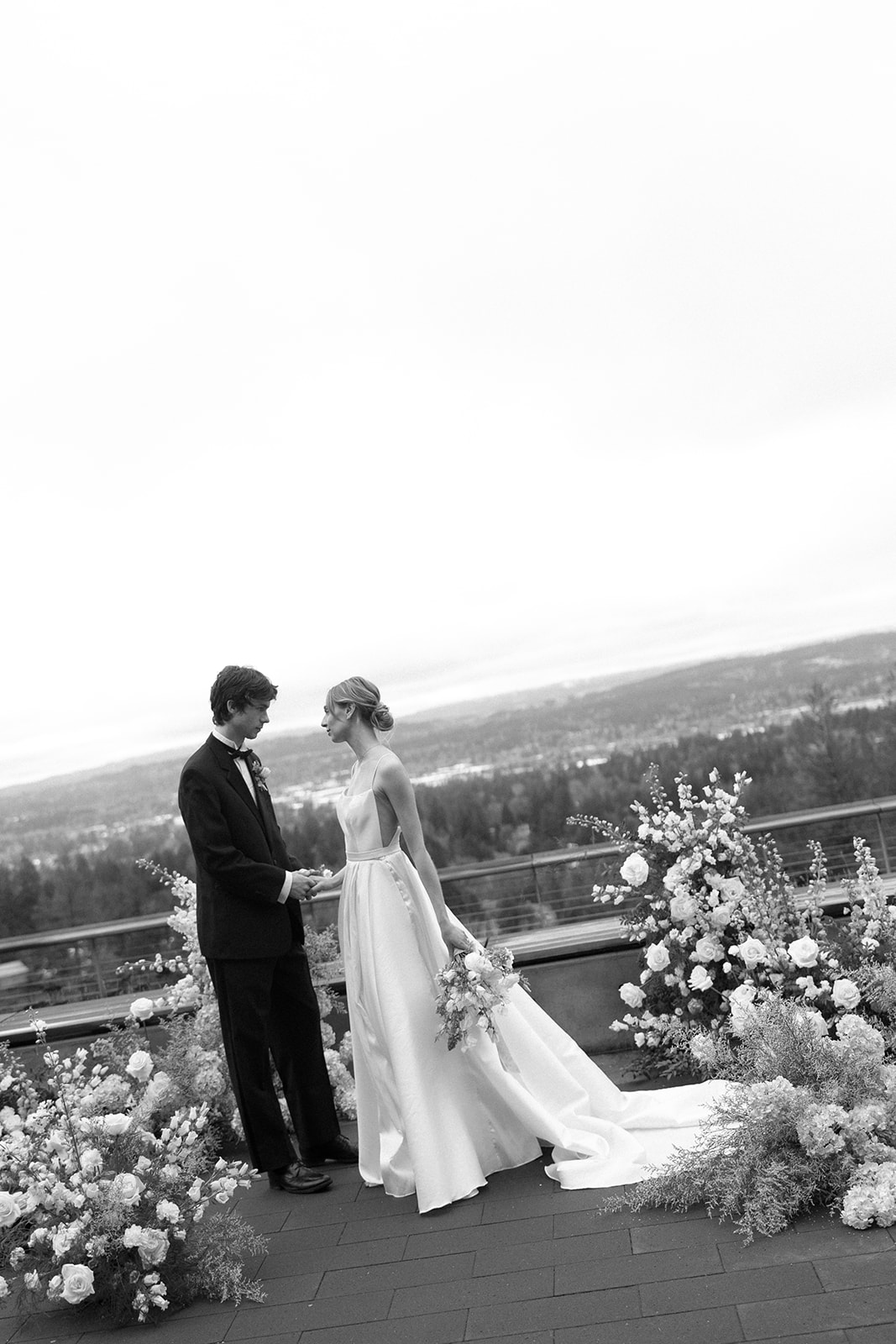 spring outdoor wedding ceremony black and white photo