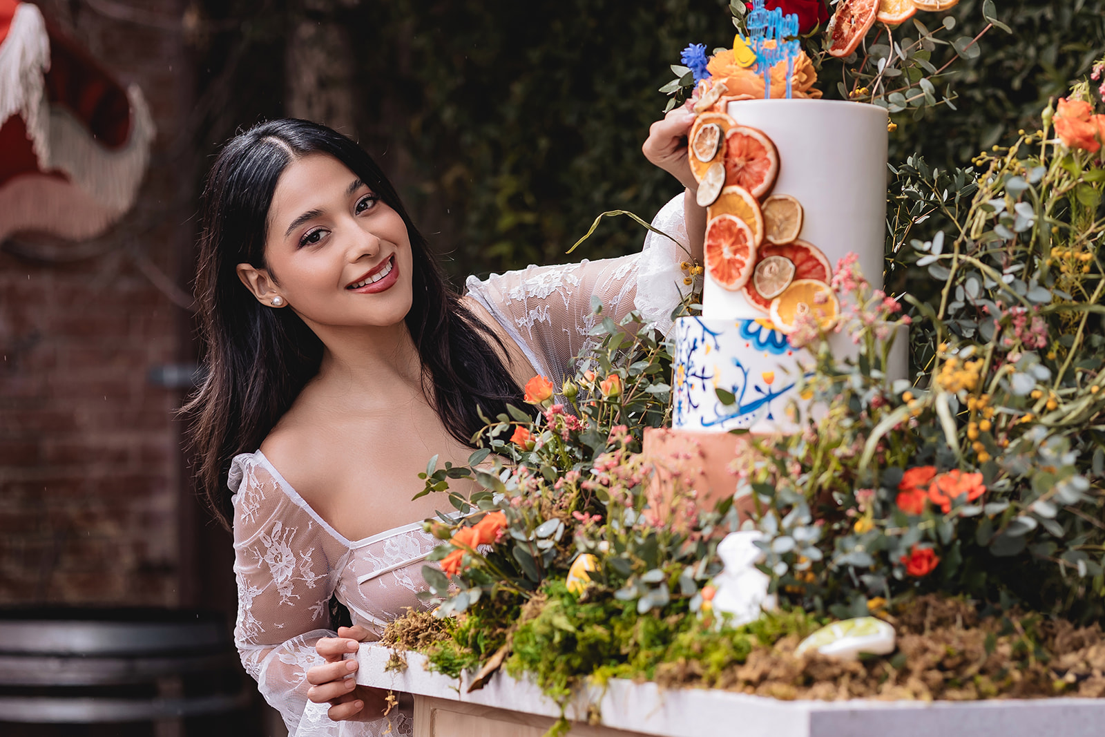 bride Grabbing a piece of cake for her wedding. 