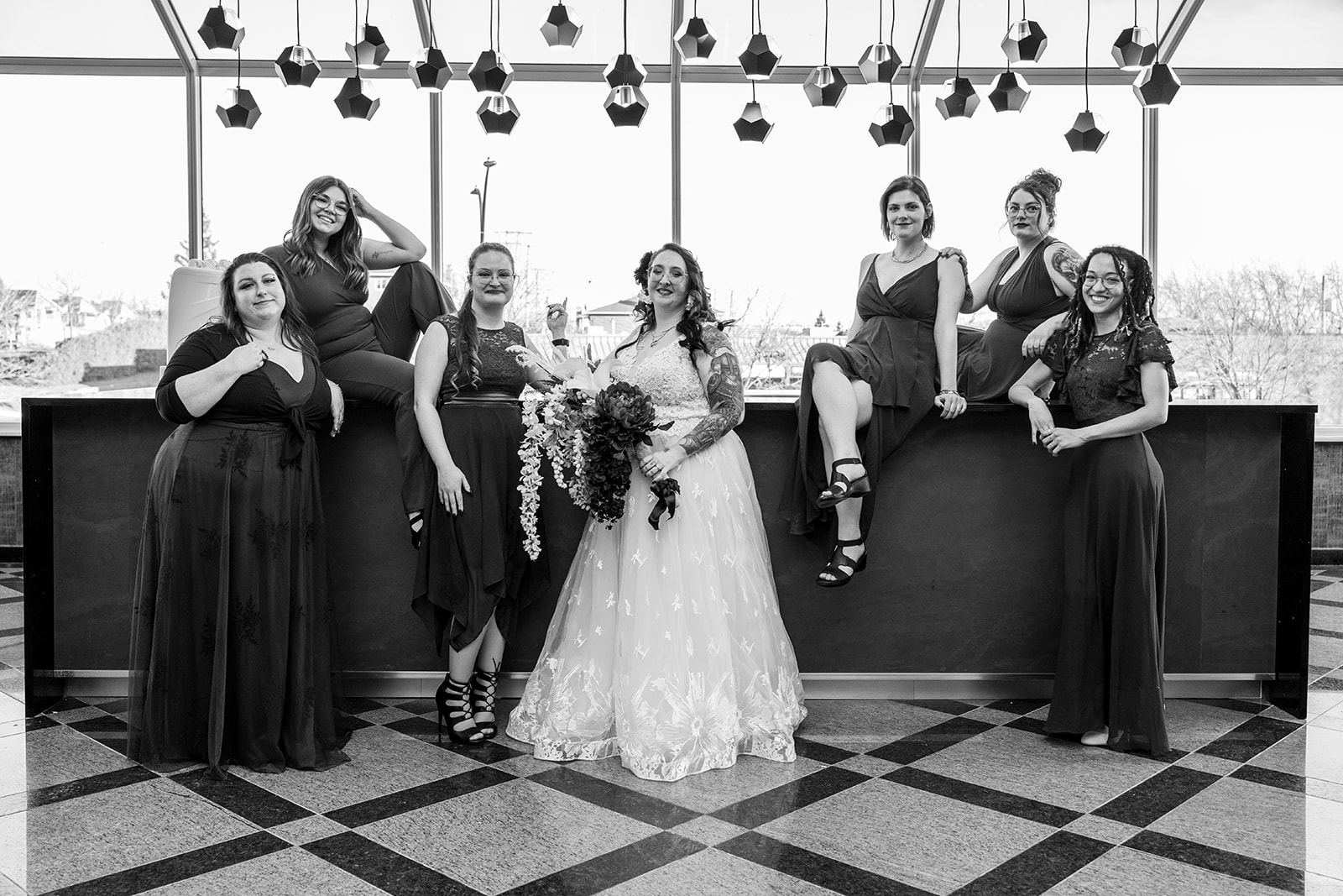 black and white photo of the bridal party