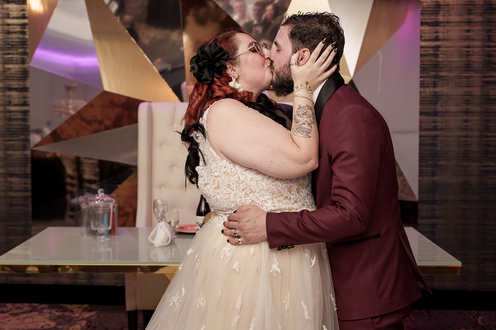 gothic wedding ceremony, first kiss