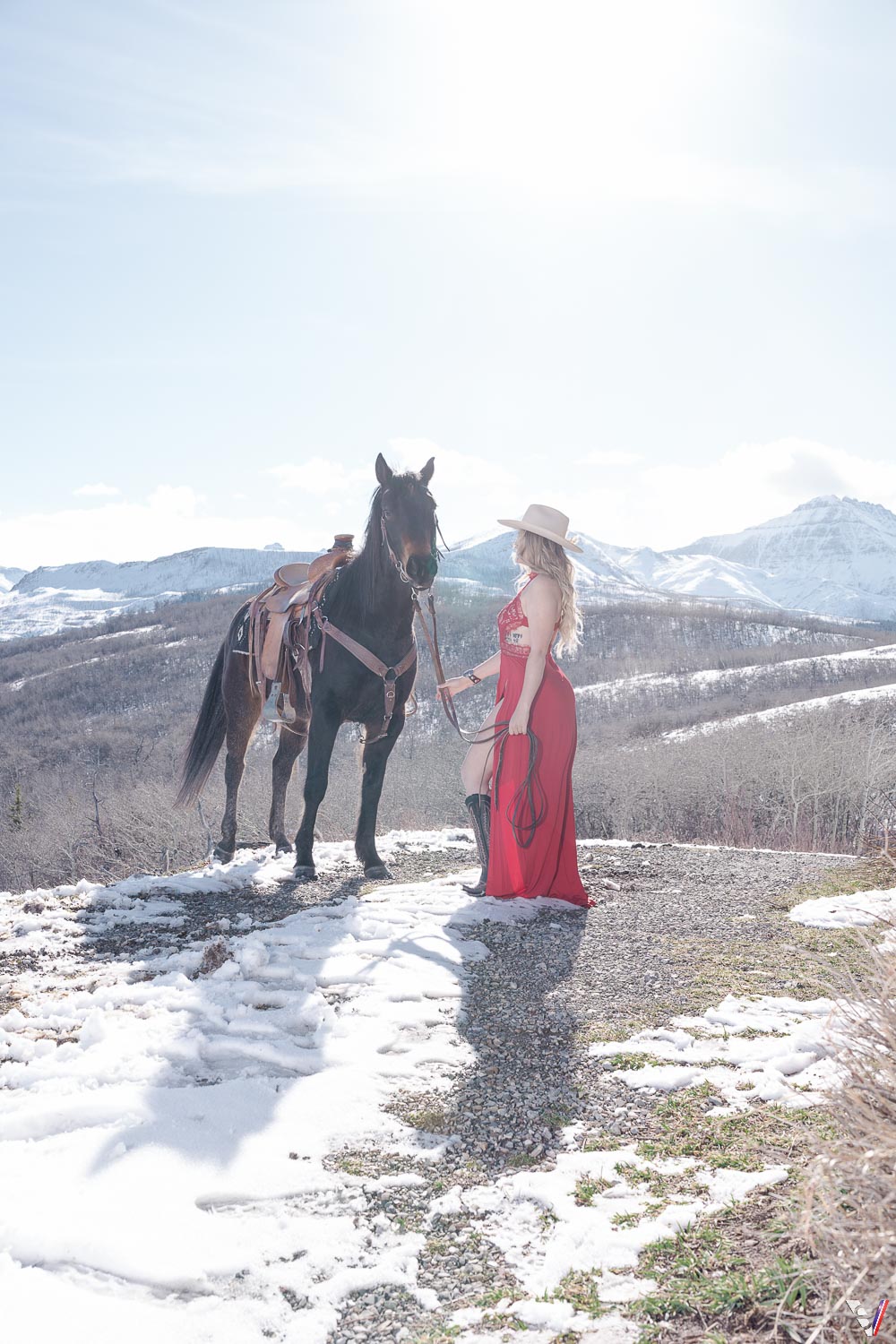Red dress country side fashion session with horse.
